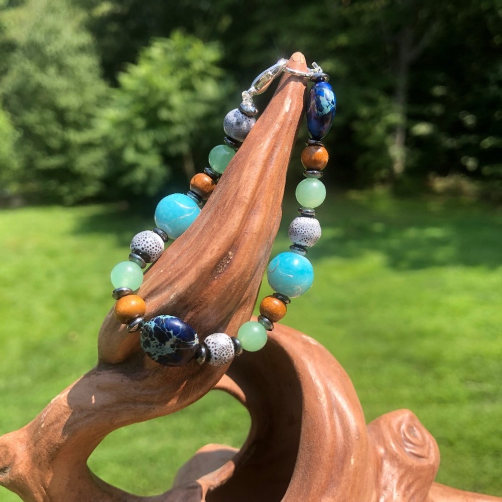 Chunky Blue, Green, And Grey Handmade Bracelet💚
